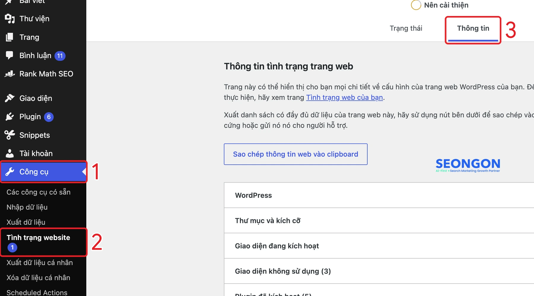 Mở Công cụ, Tình trạng website và tab Thông tin trong WordPress