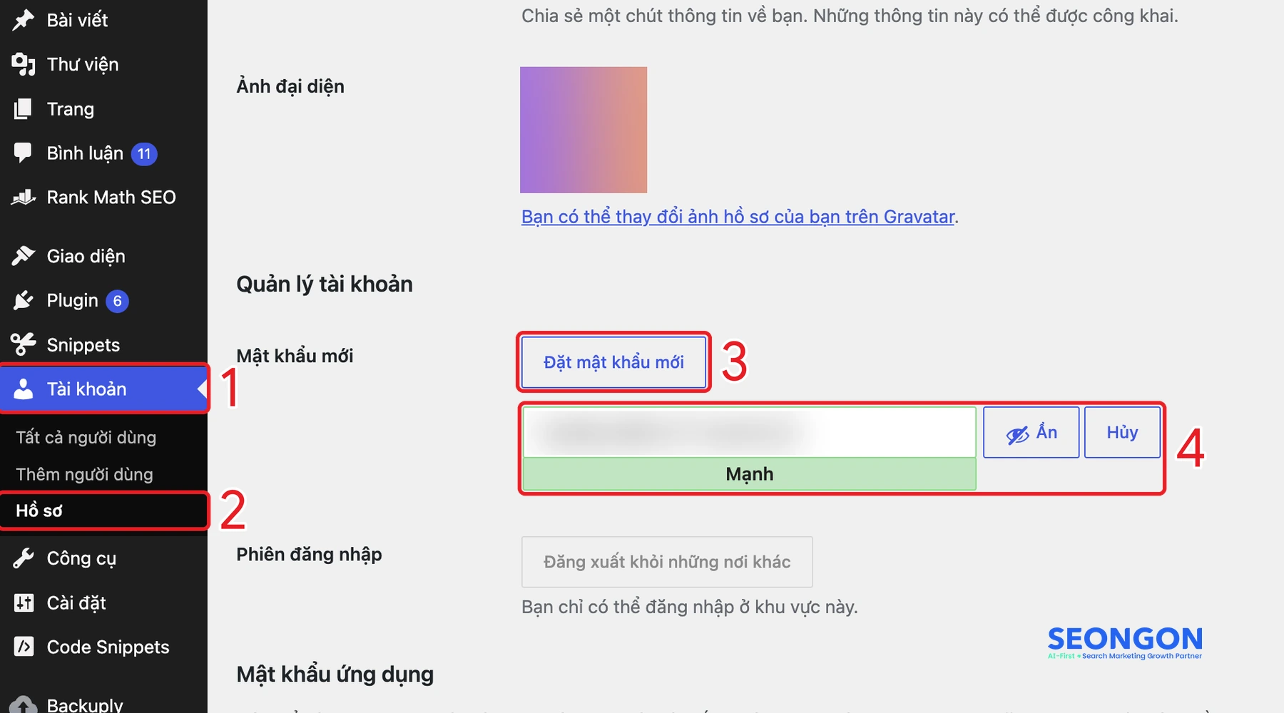 Đặt mật khẩu mới cho tài khoản quản trị WordPress