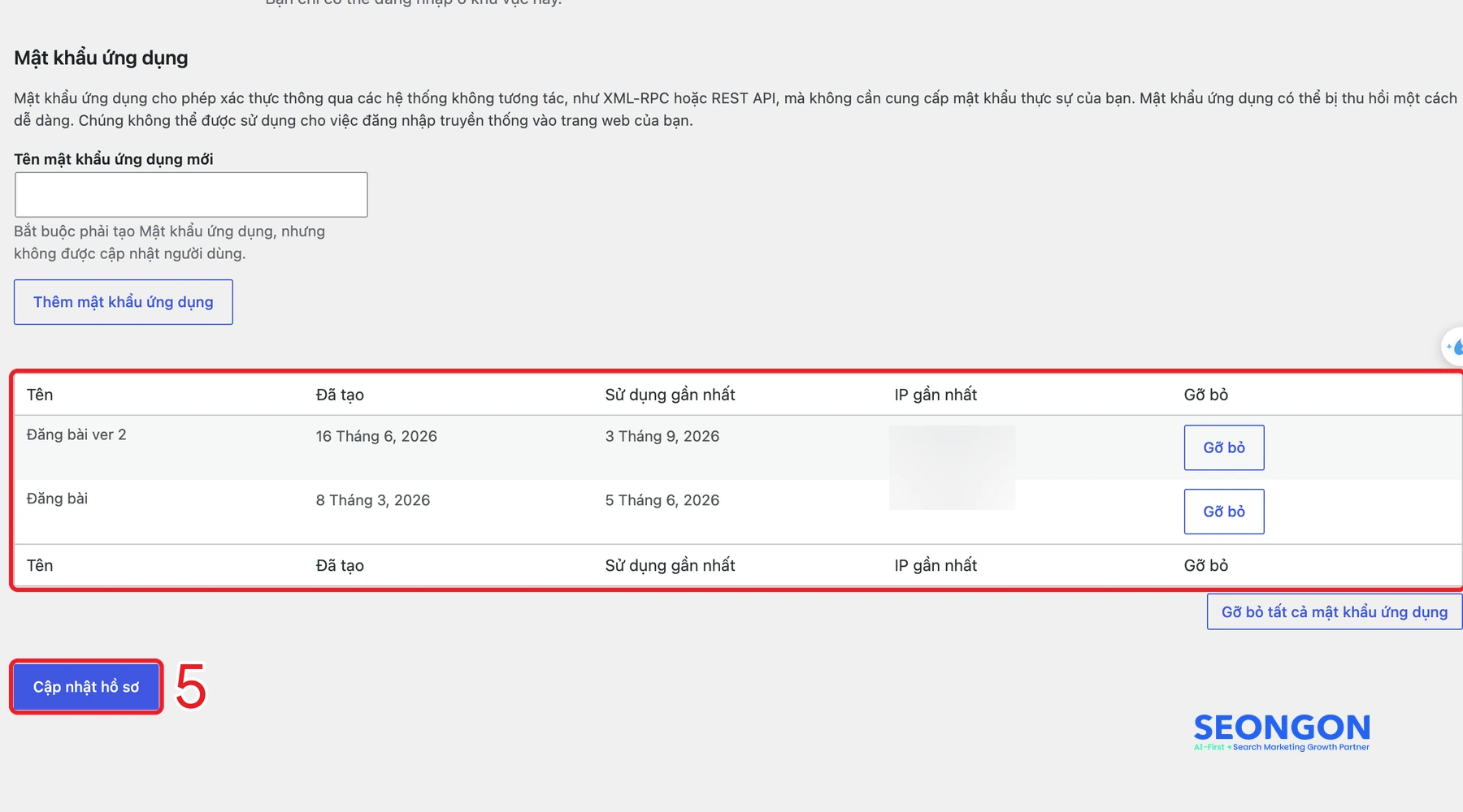 Nút Cập nhật hồ sơ và mục Mật khẩu ứng dụng trong WordPress