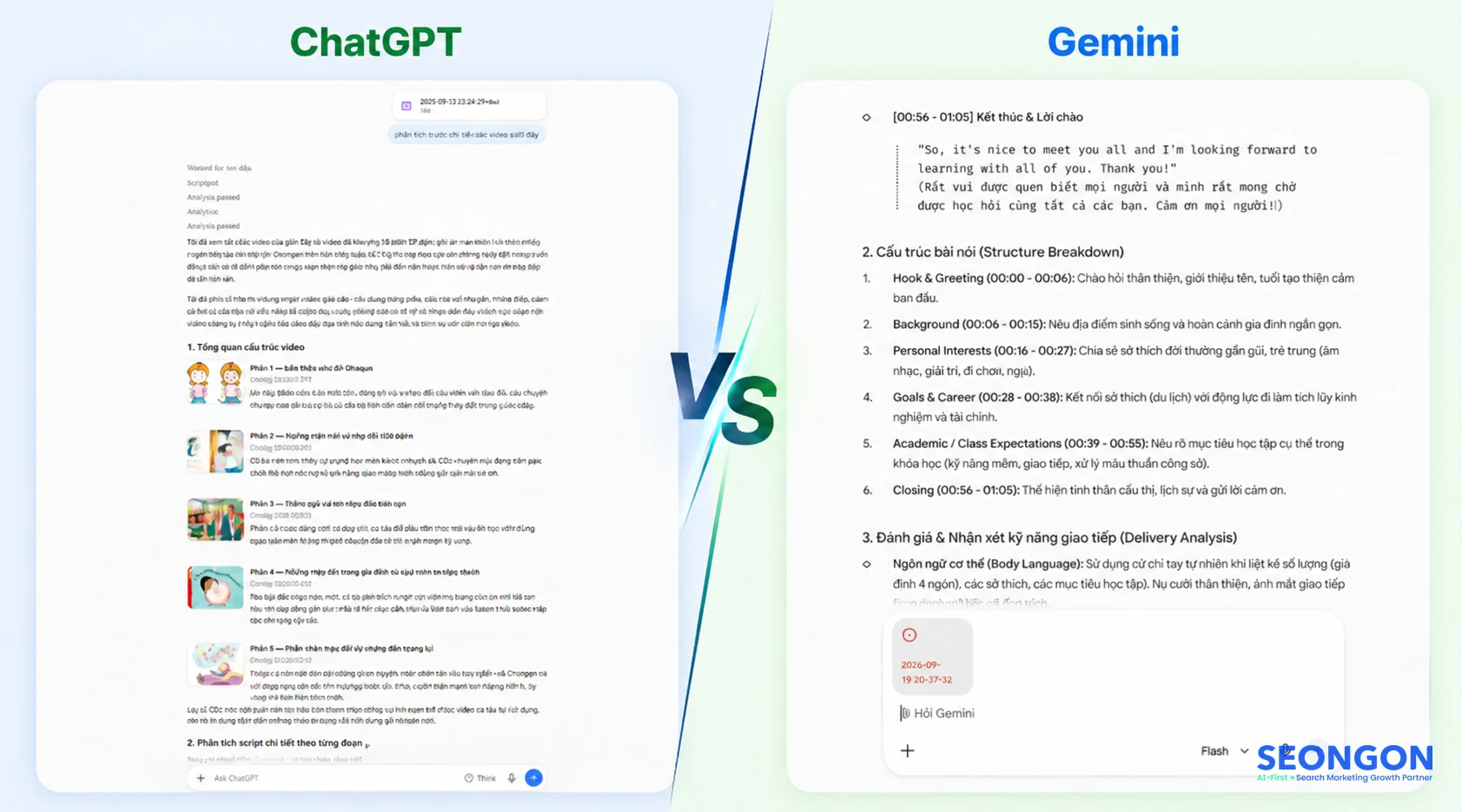 Minh họa so sánh kết quả phân tích video âm thanh của Gemini và ChatGPT