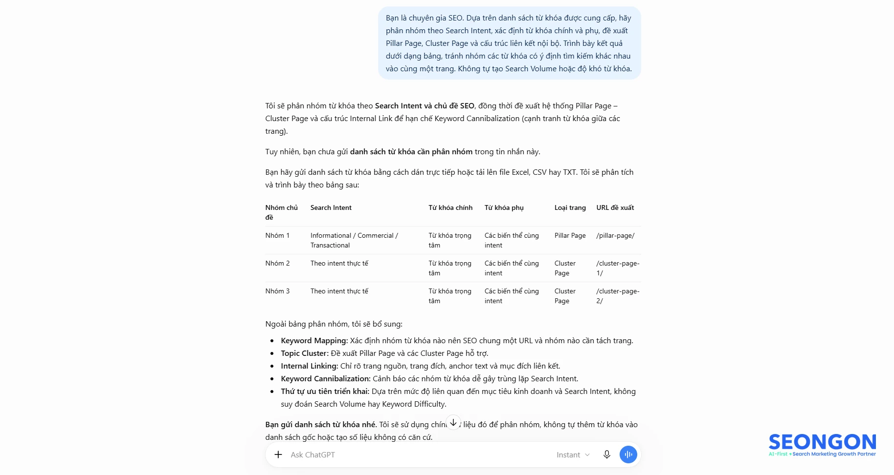 ChatGPT phân nhóm từ khóa theo Search Intent