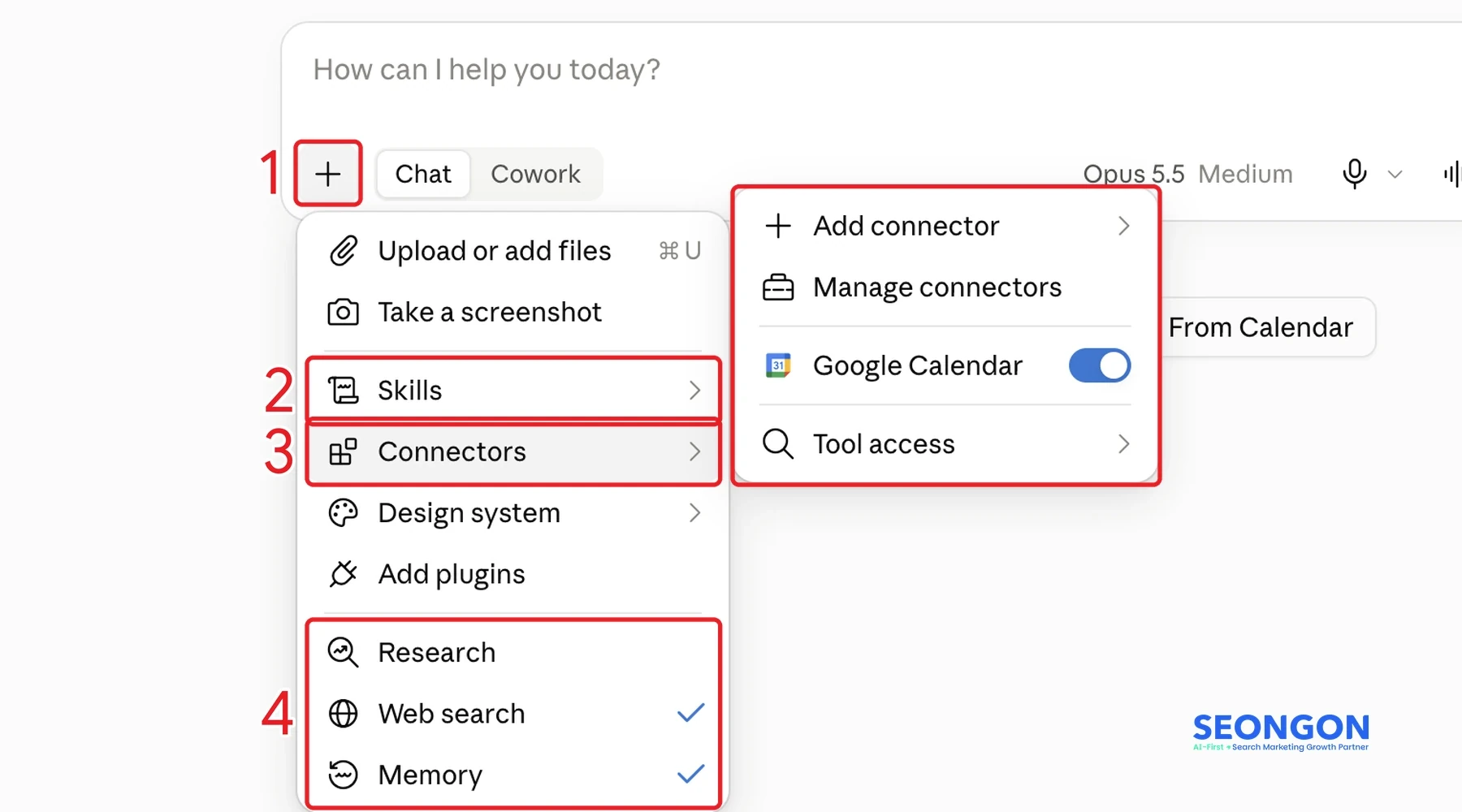 Các công cụ tích hợp trong Claude: (1) nút +, (2) Skills, (3) Connectors kết nối ứng dụng như Google Calendar, (4) Research, Web search, Memory