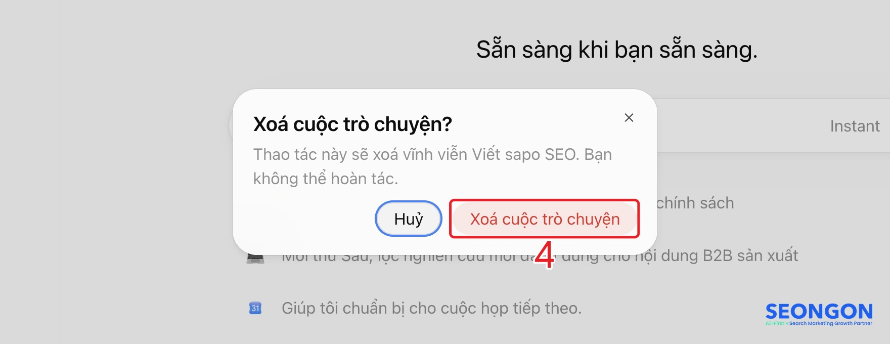 Hộp thoại xác nhận xóa cuộc trò chuyện ChatGPT