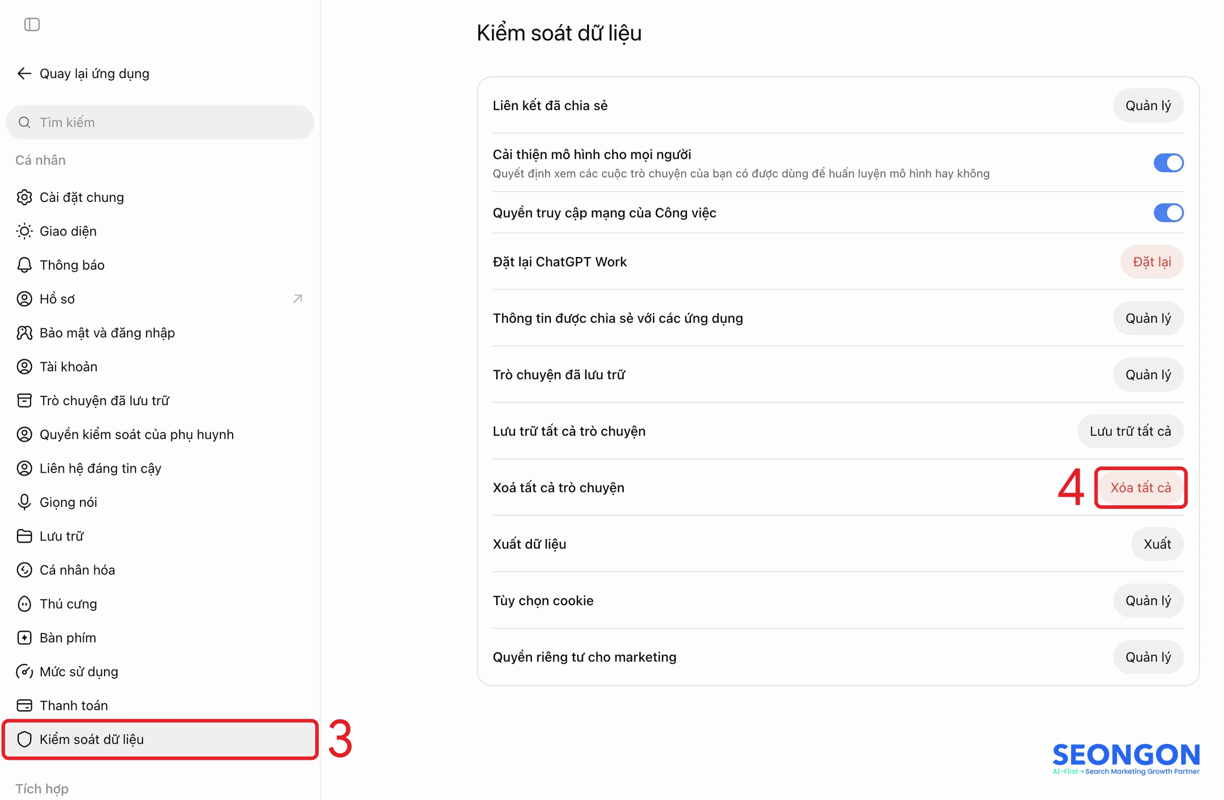 Xóa tất cả trò chuyện trong Kiểm soát dữ liệu ChatGPT