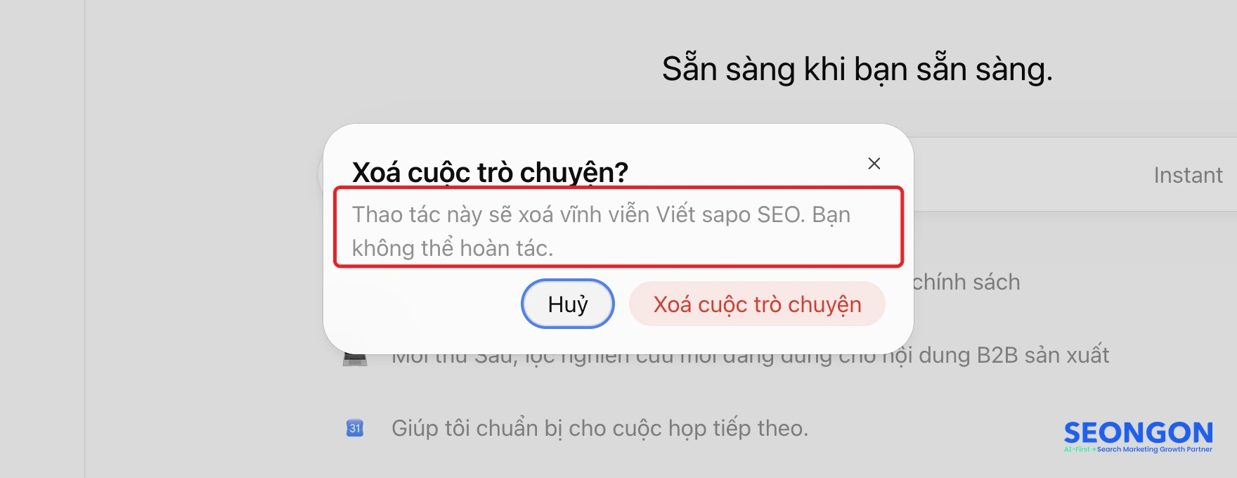 Thông báo xóa vĩnh viễn cuộc trò chuyện ChatGPT