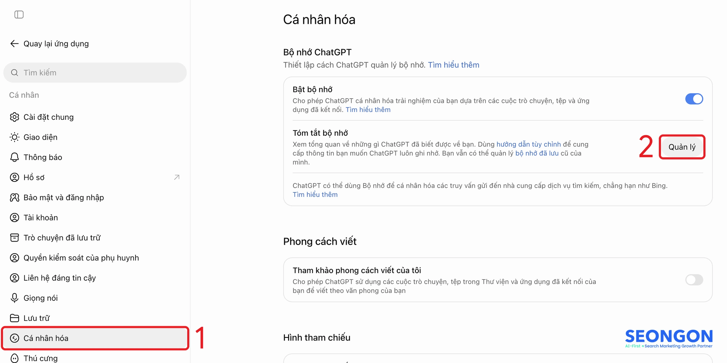Quản lý bộ nhớ ChatGPT trong mục Cá nhân hóa