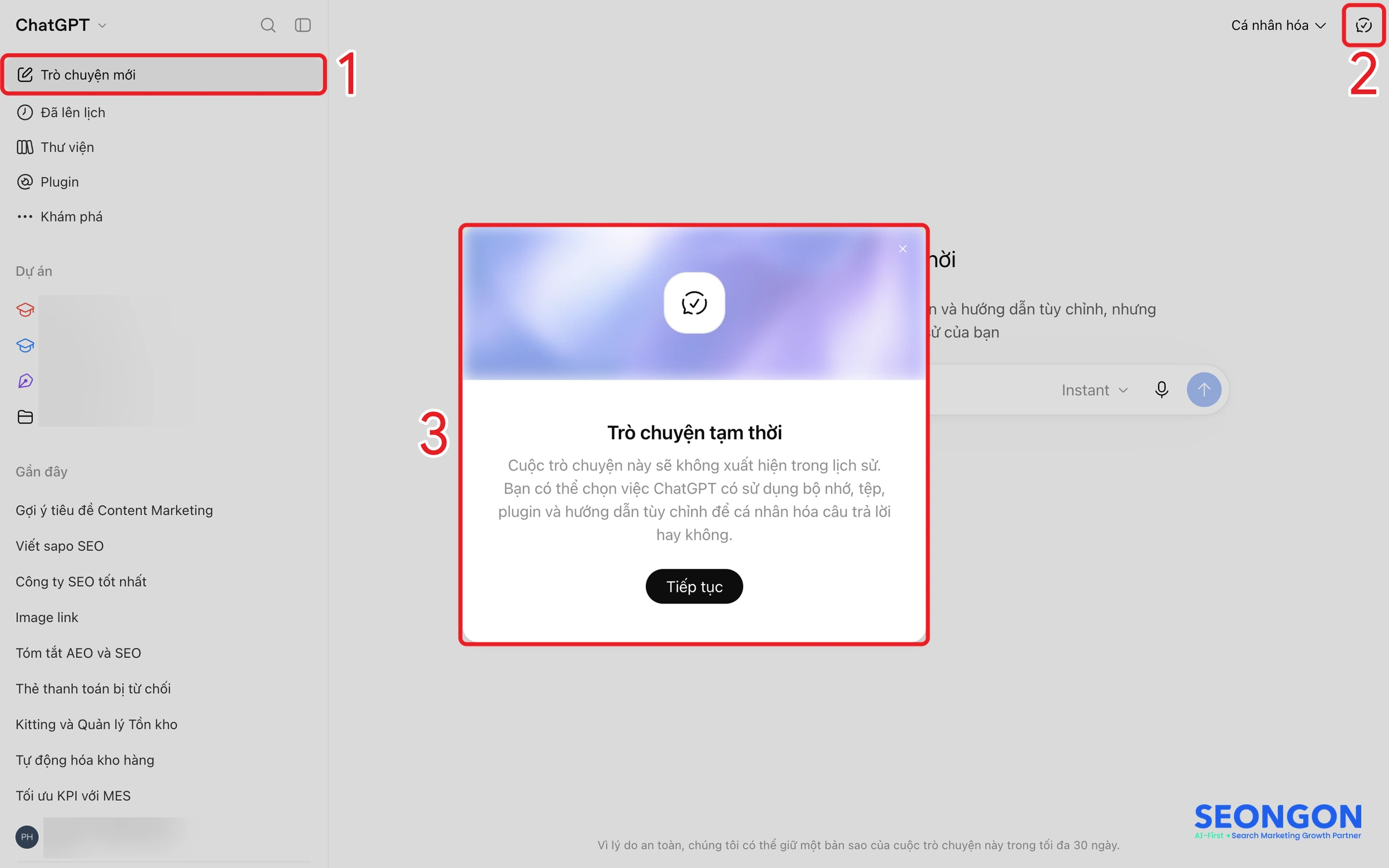 Bật Trò chuyện tạm thời (Temporary Chat) trên ChatGPT