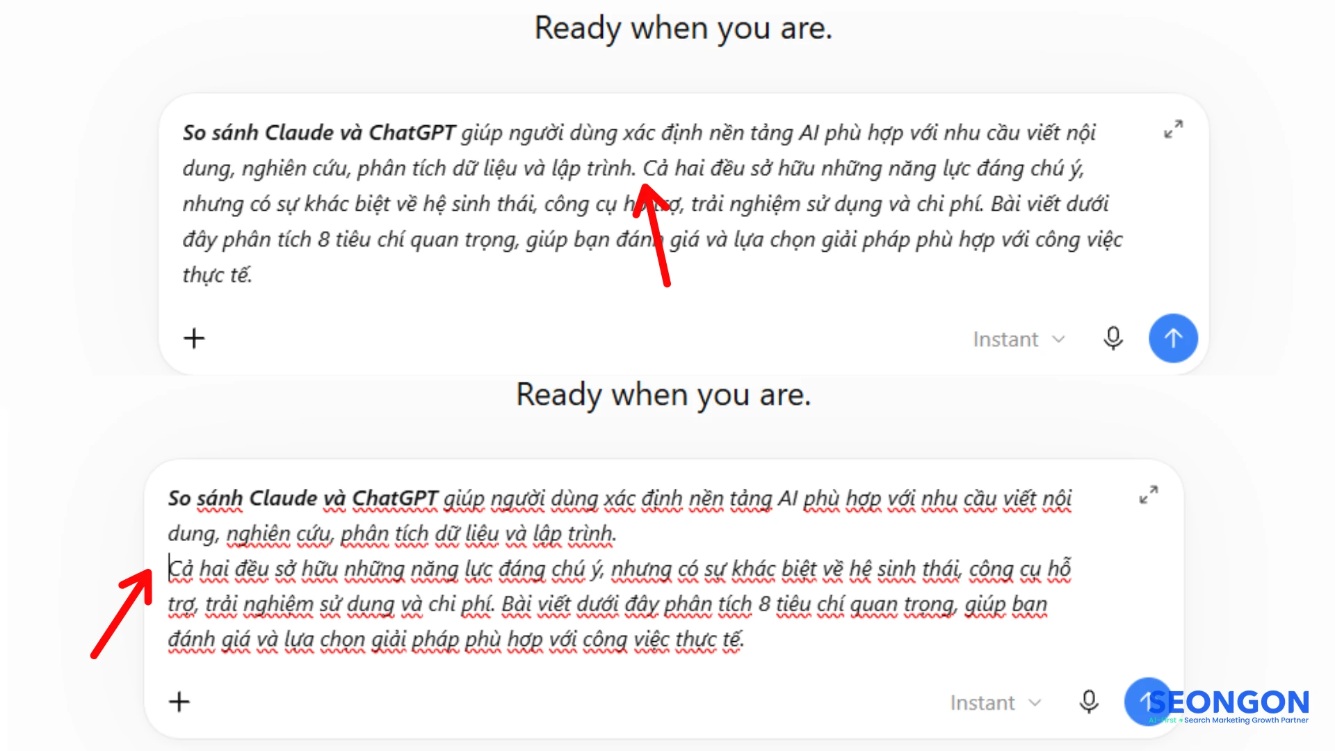 Giao diện ChatGPT trước và sau khi nhấn Shift + Enter trên Windows