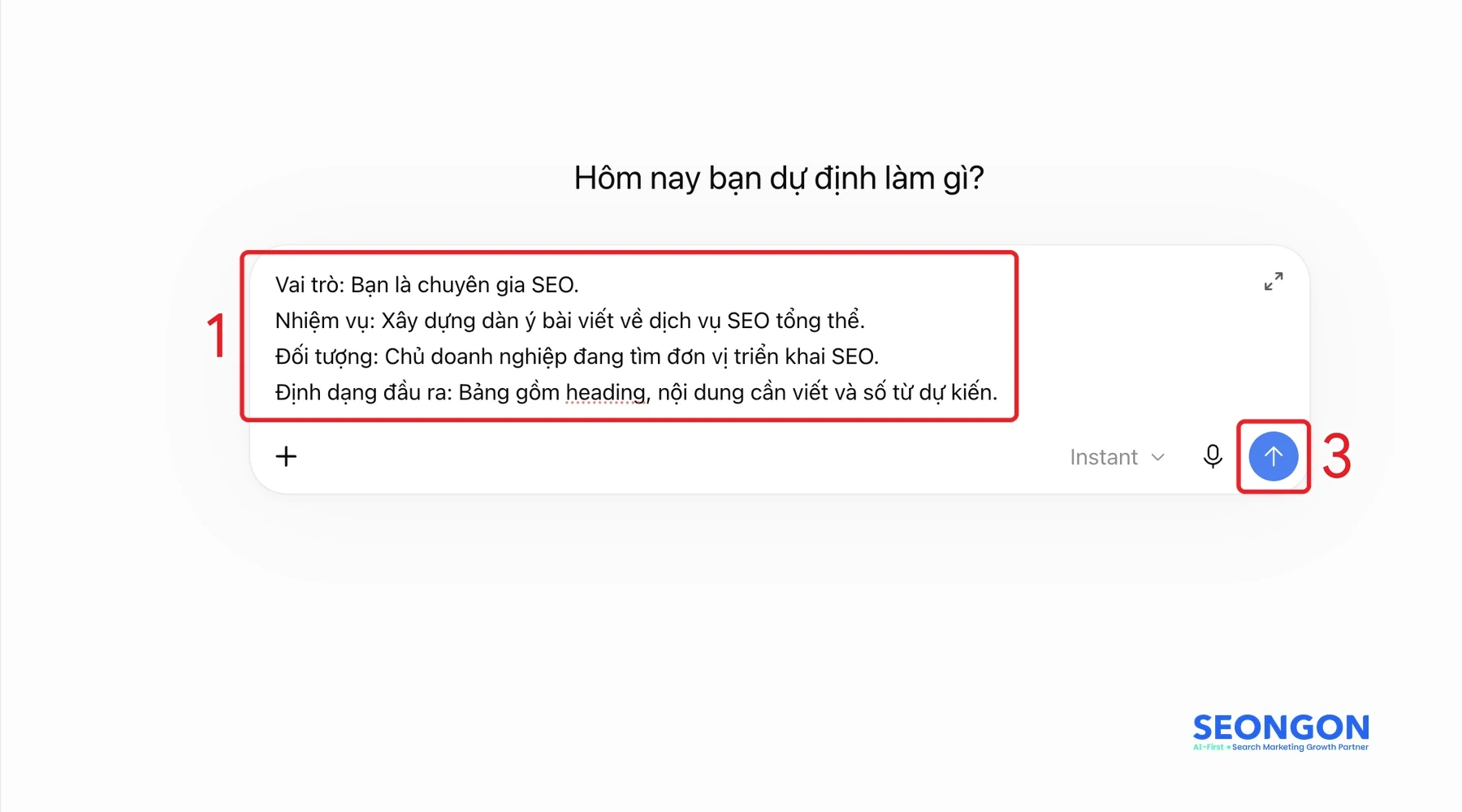 Prompt nhiều dòng trên ChatGPT (MacBook): (1) các dòng được tách bằng Shift + Return trong ô nhập, (3) bấm nút gửi khi đã hoàn tất