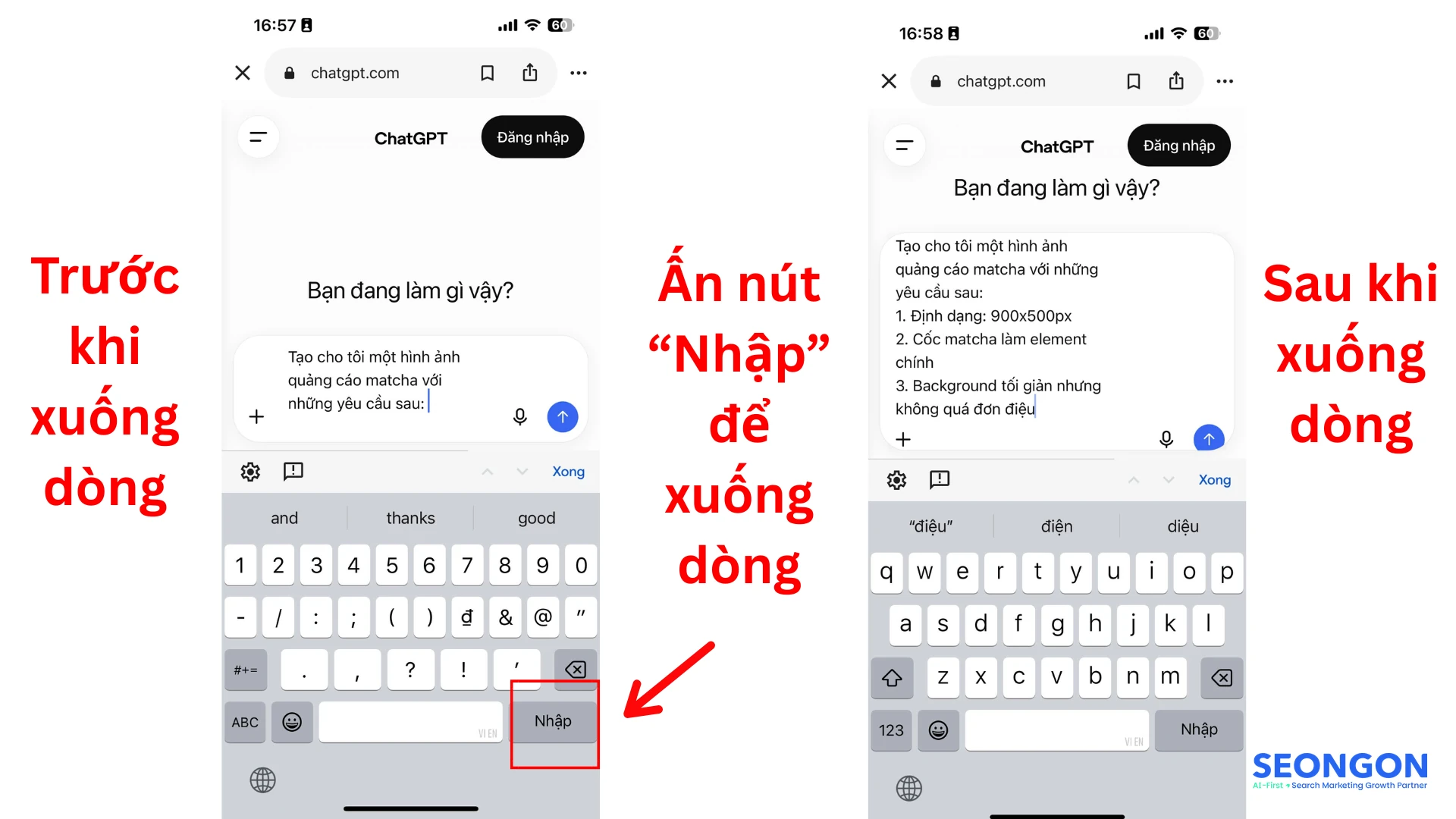 Giao diện xuống dòng ChatGPT trên điện thoại iPhone, iPad
