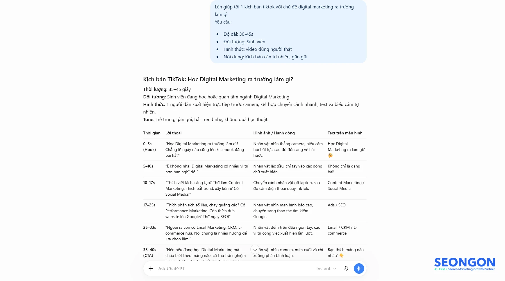 Minh họa việc tạo một prompt khi sử dụng các dấu gạch đầu dòng trong ChatGPT